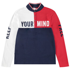 Júnior - Polo de manga larga tricolor con inscripciones que contrastan 