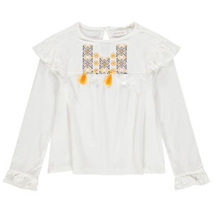 Blouse en coton à broderies style ethnique et pompons 