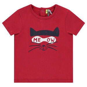 Camiseta de manga corta de punto con gato estampado 