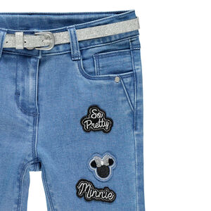 Jean effet used à ceinture pailletée argentée et badges Minnie Disney  Main Jean effet used à ceinture pailletée argentée et badges Minnie Disney