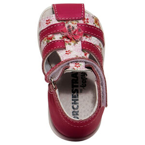 Sandalias de cuero de color fucsia irisado con estampado de flores 