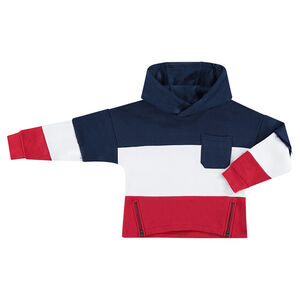Sudadera de felpa tricolor con bolsillo de parche y cremalleras por delante 