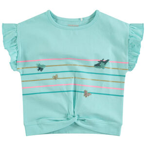Camiseta de manga corta con volantes y rayas con mariposas estampadas de lentejuelas  Main Camiseta de manga corta con volantes y rayas con mariposas estampadas de lentejuelas