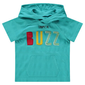 Camiseta de manga larga con capucha e inscripción bordada y bolsillo 