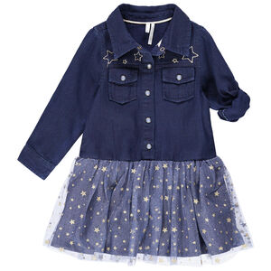 Vestido de manga larga bimaterial con efecto 2 en 1 y estrellas doradas 