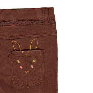 Pantalón slim de terciopelo con cervatillo bordado y ribete de encaje  