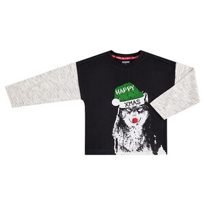 Camiseta de manga larga de efecto 2 en 1 con estampado delantero de lobo navideño 