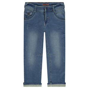 Vaquero recto de efecto gastado y arrugado con forro de jersey 