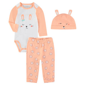 Conjunto para recién nacido con pijama, body y gorro con estampado de conejo 