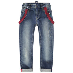 Vaqueros efecto desgastado con tirantes elásticos en los hombros 