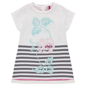 Robe en tricot avec rose et rayures en jacquard  Main Robe en tricot avec rose et rayures en jacquard