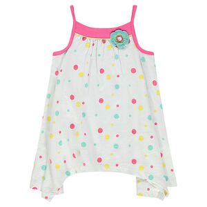 Túnica con finos tirantes y lunares all over y flor bordada 