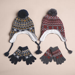 Conjunto de gorro peruano con forro polar y gantes con dibujo de jacquard 
