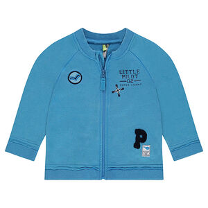 Chaqueta de felpa con cremallera y parches cosidos y bordados 