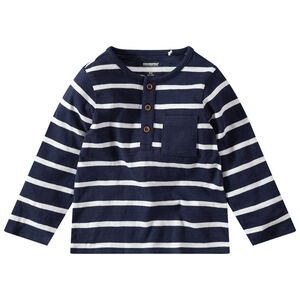 Camiseta de manga larga de rayas con bolsillo y cuello con botones 