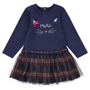 Vestido de manga larga con gato estampado y parte inferior de tul de cuadros 