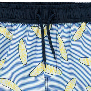 Júnio - Pantalón corto de baño con rayas y tablas de surf estampadas 