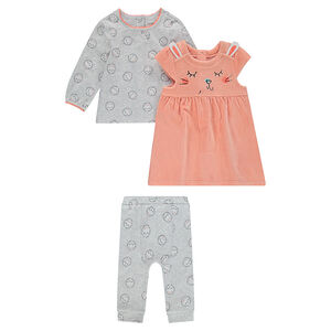 Conjunto de 3 piezas de camiseta con estampado, vestido de terciopelo y legging 