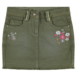 Falda de sarga de efecto desgastado con flores bordadas y ribetes dorados  Main Falda de sarga de efecto desgastado con flores bordadas y ribetes dorados