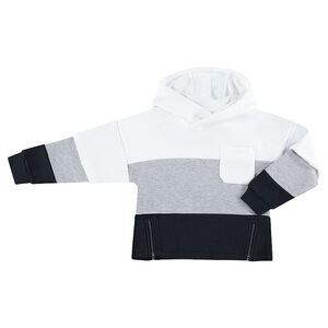 Sudadera de felpa tricolor con bolsillo de parche y cremalleras por delante 