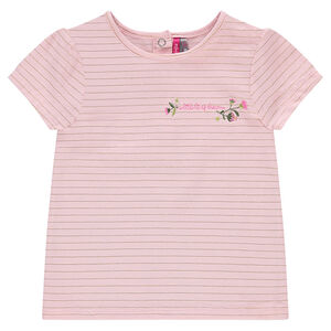 Tee-shirt manches courtes à fines rayures dorées et broderie 