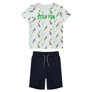 Conjunto con camiseta con estampado de loro y bermudas lisas 