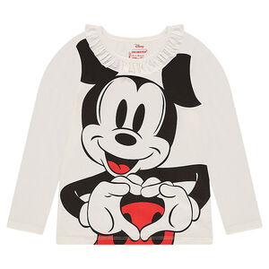 Camiseta de manga larga de punto slub con estampado de ©Disney Mickey y volantes en el cuello 