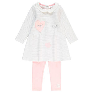 Conjunto de vestido de manga larga a rayas y legging de punto con parche de corazón 