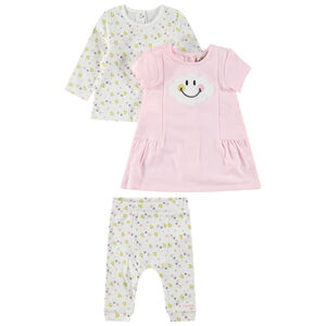 Conjunto con camiseta de manga larga, vestido rosa y legginghs estampado con ©Smiley  Main Conjunto con camiseta de manga larga, vestido rosa y legginghs estampado con ©Smiley