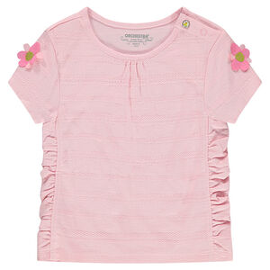 Camiseta de manga corta con fruncidos y flores en las mangas 