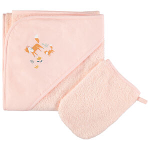 Conjunto de baño de rizo con capa con capucha  y guante estampado zorro 