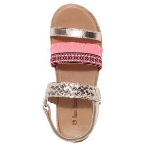 Sandalias de cuero dorado con aplique trenzado y flecos 