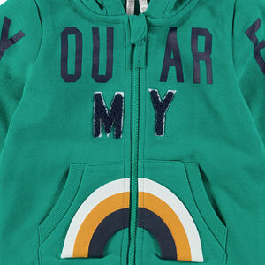 Chaqueta de felpa con capucha e inscripción de rizo de arcoíris estampado 