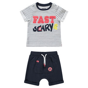 Conjunto con camiseta de rayas y bermuda de felpa con monstruo en la espalda 