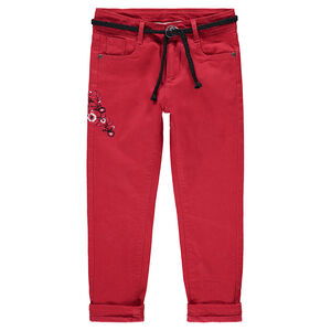 Pantalón de sarga lisa con flores bordadas y cinturón trenzado 