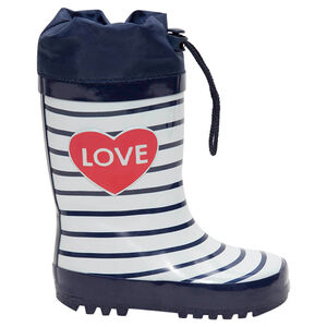 Botas de agua de goma a rayas con cuello impermeable y estampado de corazones, tallas del 24 al 27. 