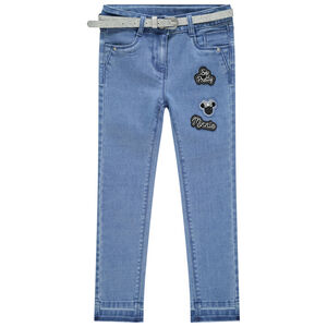 Jean effet used à ceinture pailletée argentée et badges Minnie Disney  Main Jean effet used à ceinture pailletée argentée et badges Minnie Disney
