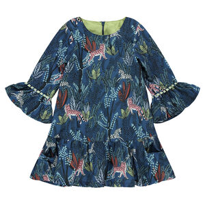Vestido de manga 3/4 con motivo vegetal y tigres all-over 