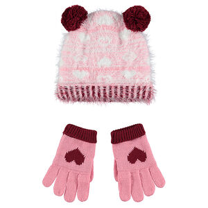 Conjunto de gorro de punto de bolas y guantescon forro de borreguillo  