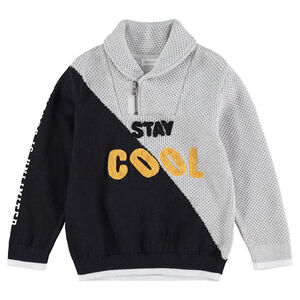 Jersey de punto bicolor con cuello con cremallera e inscripción de rizo 