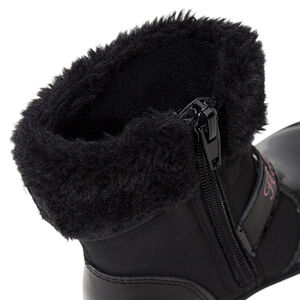 Botines de charol negros de Hello Kitty con el cuello de pelo sintético  