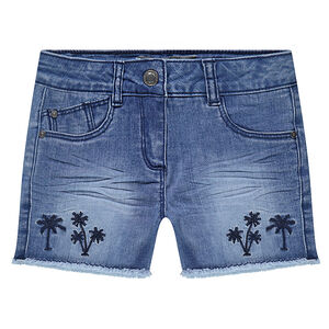 Pantalón corto vaquero efecto gastado y arrugado con palmeras bordadas  Main Pantalón corto vaquero efecto gastado y arrugado con palmeras bordadas