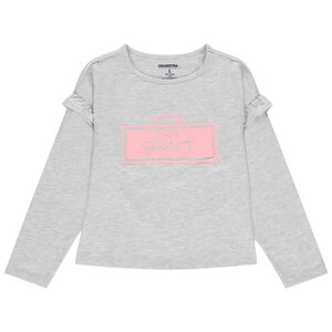 Camiseta de manga larga con volantes e inscripción estampada en aluminio 
