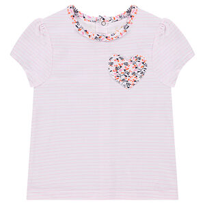 Tee-shirt manches courtes rayé avec poche à fleurs forme coeur 