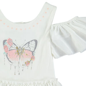 Vestido de ceremonia en dos tejidos con volantes de tul y mariposa estampada  Main Vestido de ceremonia en dos tejidos con volantes de tul y mariposa estampada