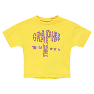 Camiseta amarilla de manga corta de punto con estampado de fantasía en relieve 