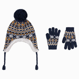 Conjunto de gorro peruano con forro polar y gantes con dibujo de jacquard 