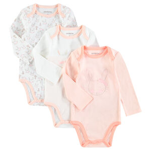 Juego de 3 bodies de manga larga de algodón con conejos estampados 