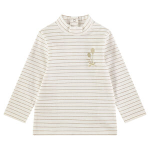 Camiseta de cuello alto de punto con rayas finas doradas y lazo de raso 