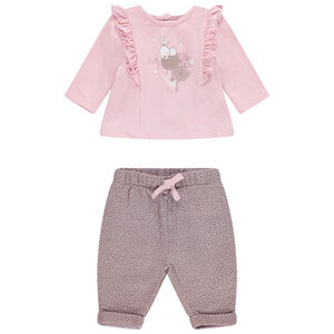 Conjunto con camiseta con volantes y estampado de conejo con pantalón de lunares 